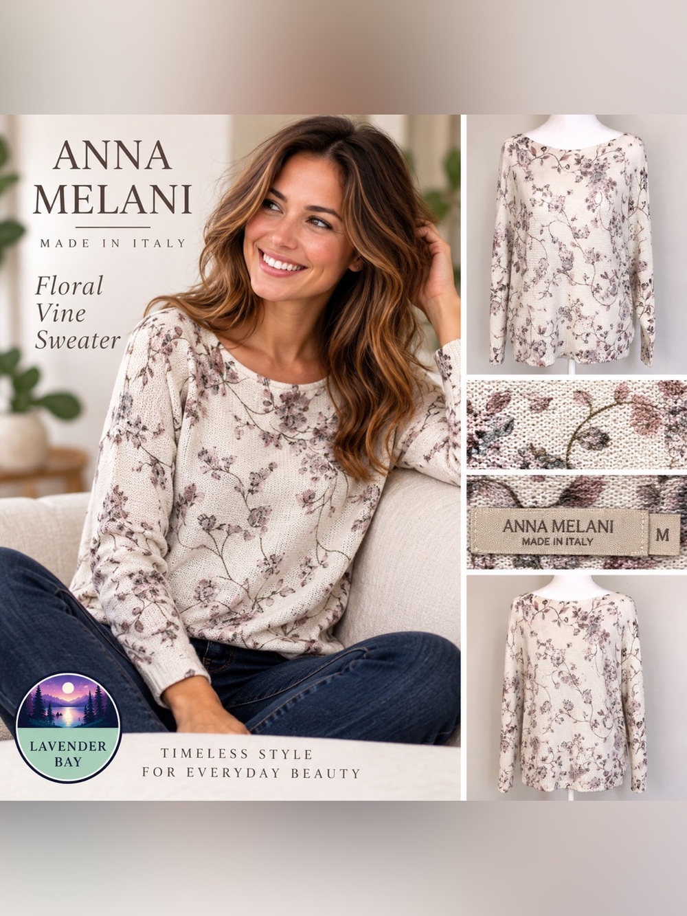Anna Melani Made in Italy Floral Vine Sweater Size Medium